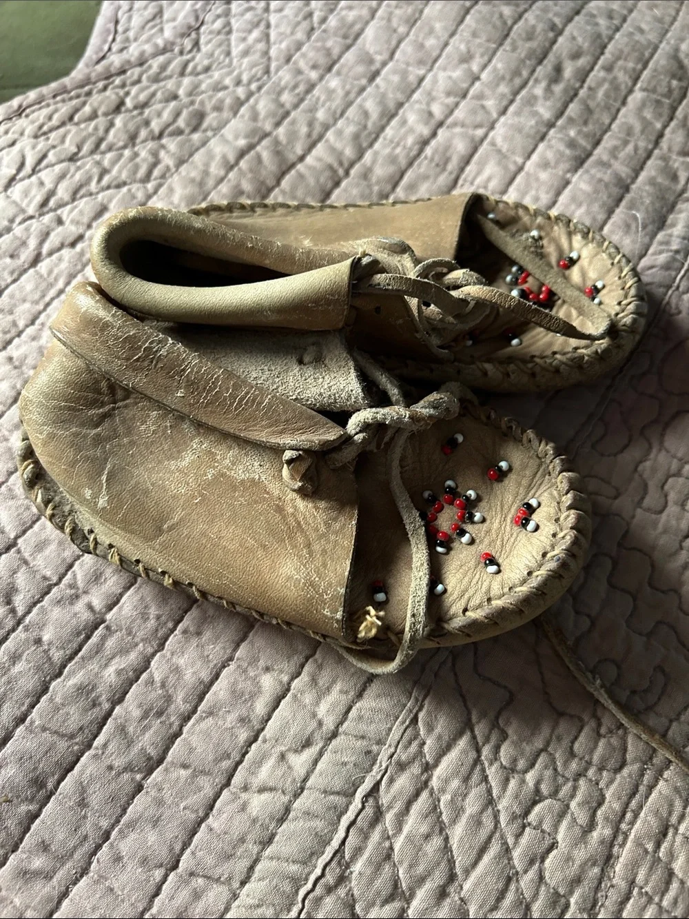 Vintage Handmade Tan Leather Beaded Children's Moccasins